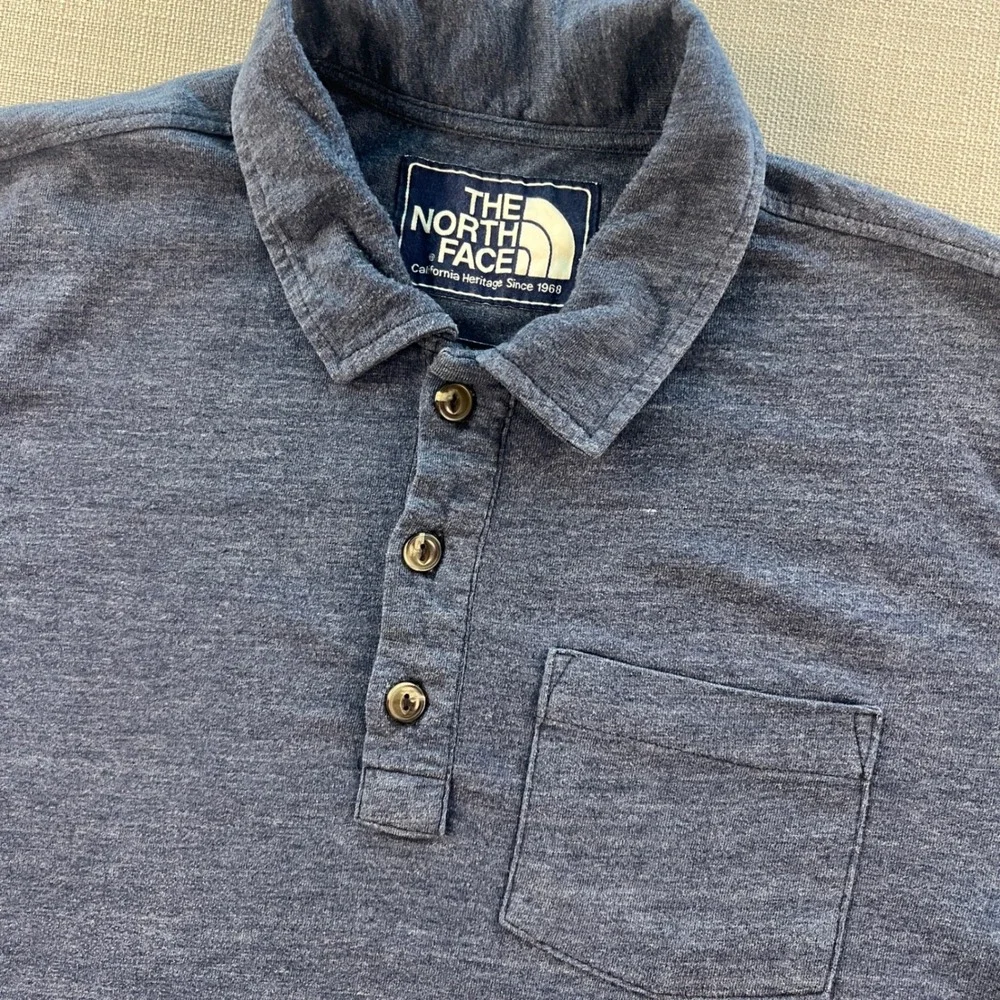 The North‎ Face Mens Heritage Polo Shirt Navy Blue Heathered Pocket A3CB Size L